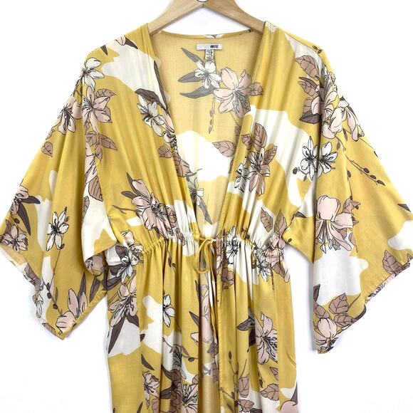 AMUSE SOCIETY Kimono Floral Ginger Womens S Yellow Tie Front Maxi Duster Boho - Picture 3 of 14